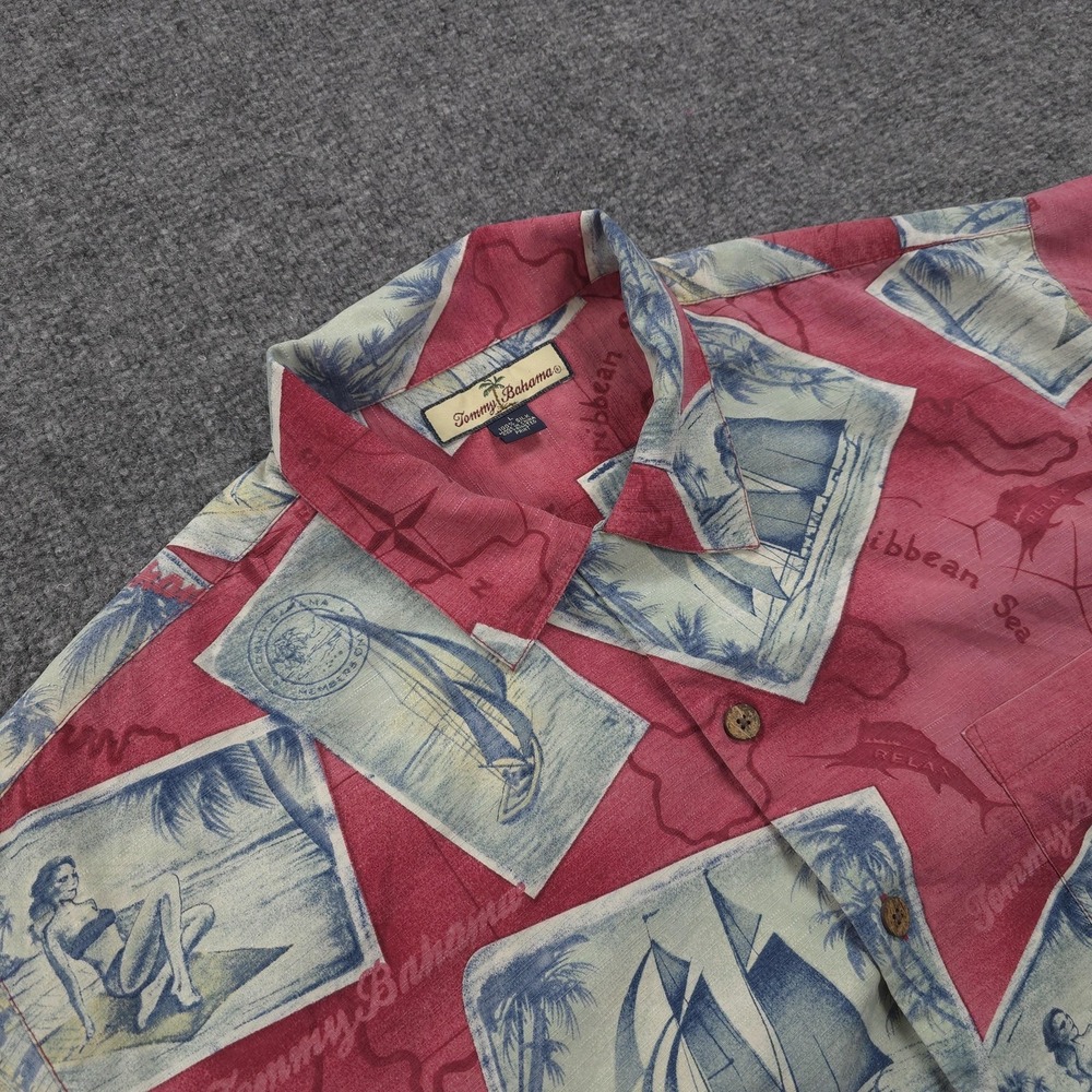 Tommy Bahama Shirt Mens L Red Silk Caribbean Sailboat Hawaiian Aloha Beach Girl
